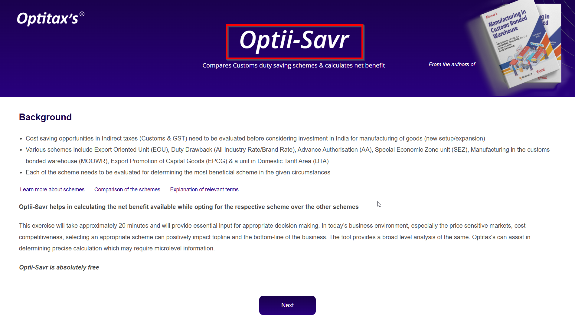 Optii-Savr Tool Home Page Title Screenshot